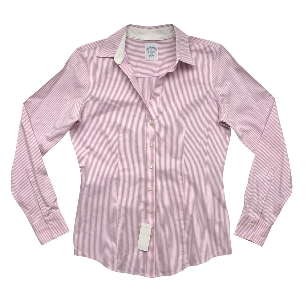 Brooks Brothers Fitted Non Iron Cotton Button Down Shirt 4 Pink Striped Preppy